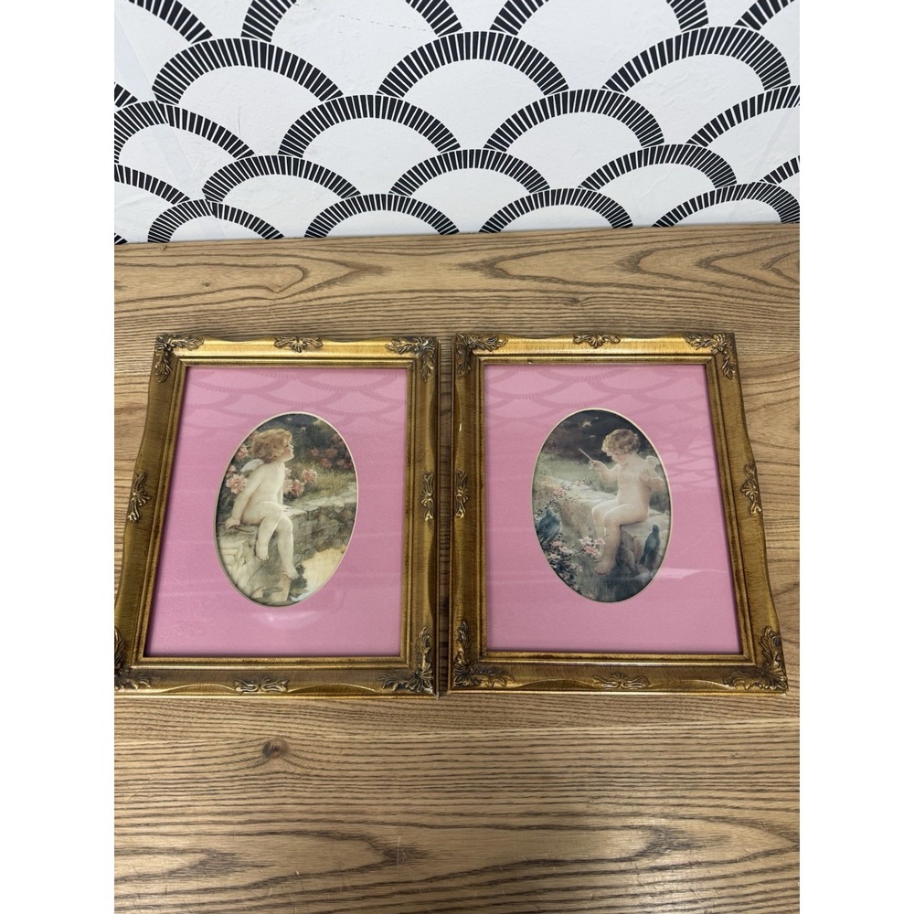 VTG 2x Cherub Angel Print Ornate Framed Wood Gold Trim 8"x10" Pink Matted